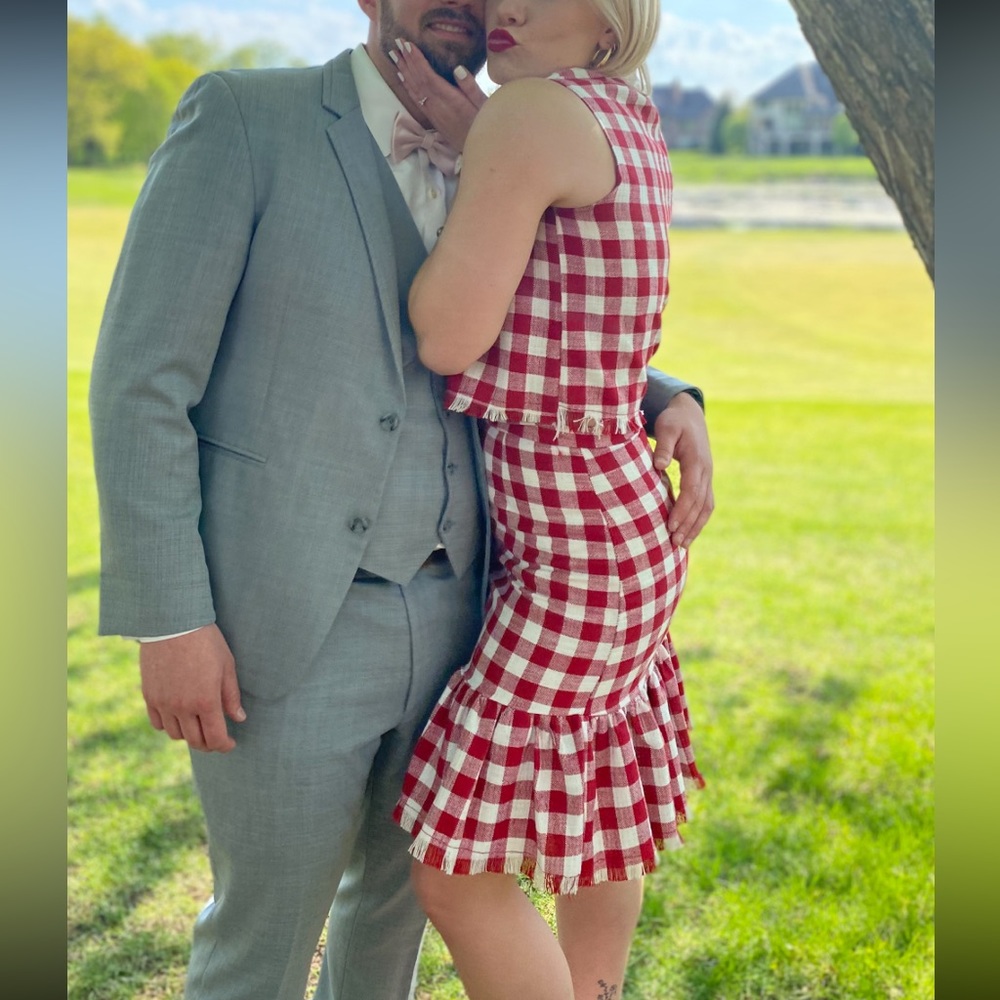 Red and White Checkered Two-Piece Skirt and Top Set